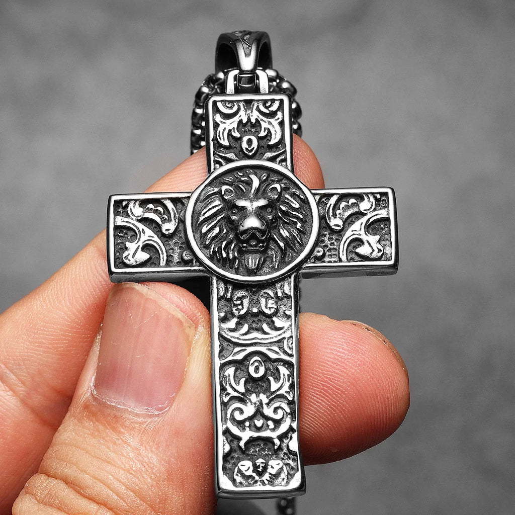 Lion Carving Flowers Cross Men Necklaces Stainless Steel Pendant Chain Women Fashion Jewelry Punk Accessories Gifts
