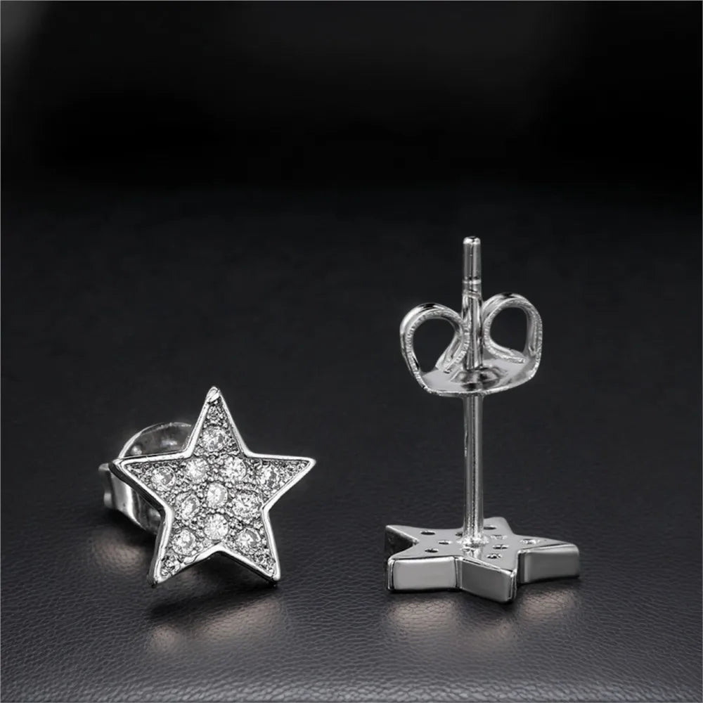 Iced Out Star Stud Earrings Stainless Steel CZ