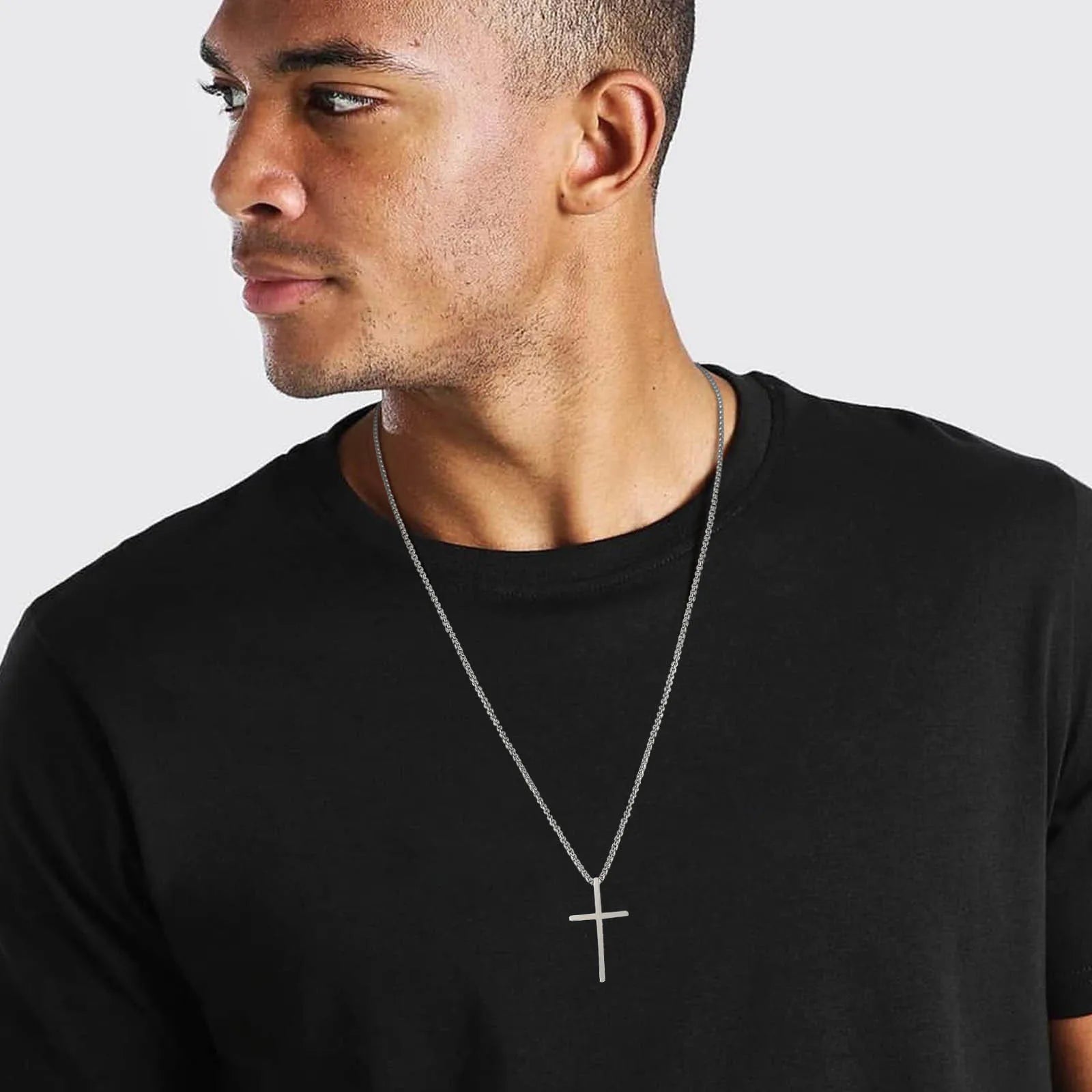 Vnox Dropshipping Mens Cross Necklaces Stainless Steel Layered Plain Cross Pendant Rope Box Chain Necklace Prayer Jesus Collar
