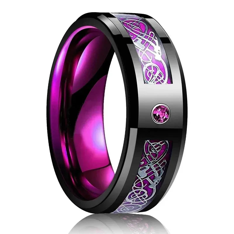 Fashion 8mm Stainless Steel Celtic Dragon Rings For Men Inlay Purple Carbon Fiber Rings Wedding Band Jewelry Birthday Gifts