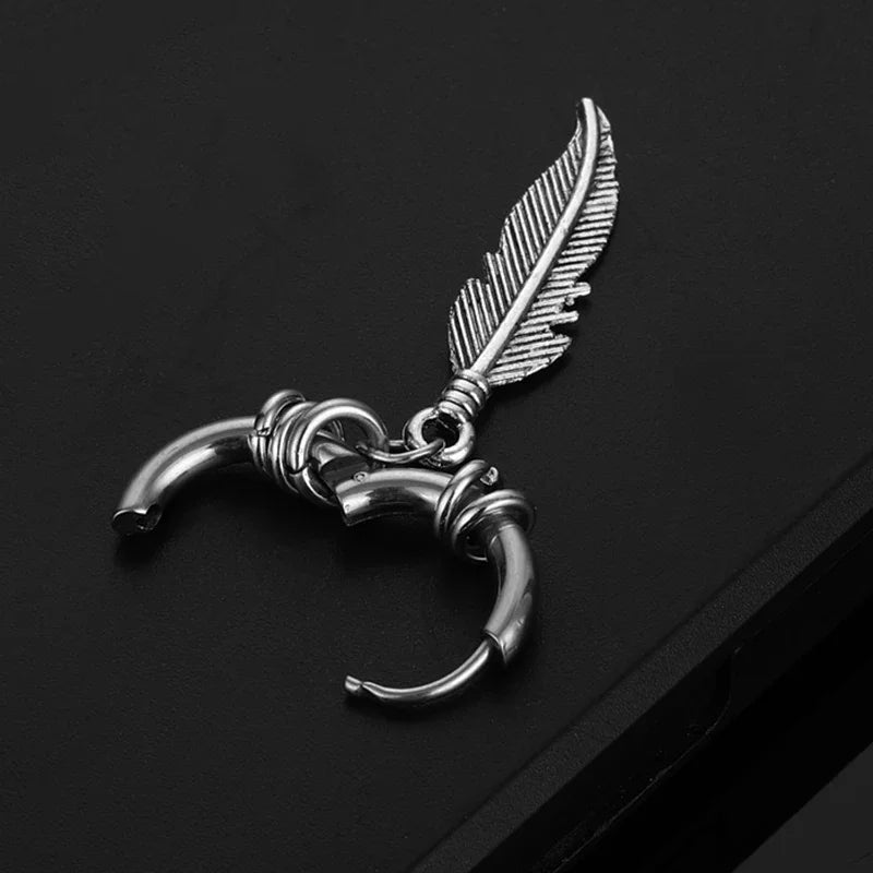 Feather Dangle Huggie Hoop Earrings for Men — Stainless Steel