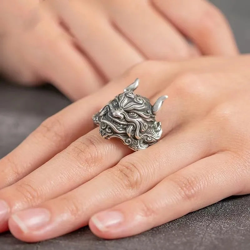 Retro Mahakala Mask Ring For Men Silver Color Punk Gothic Rock Hiphop Adjustable Open Ring Jewelry Biker Accessories
