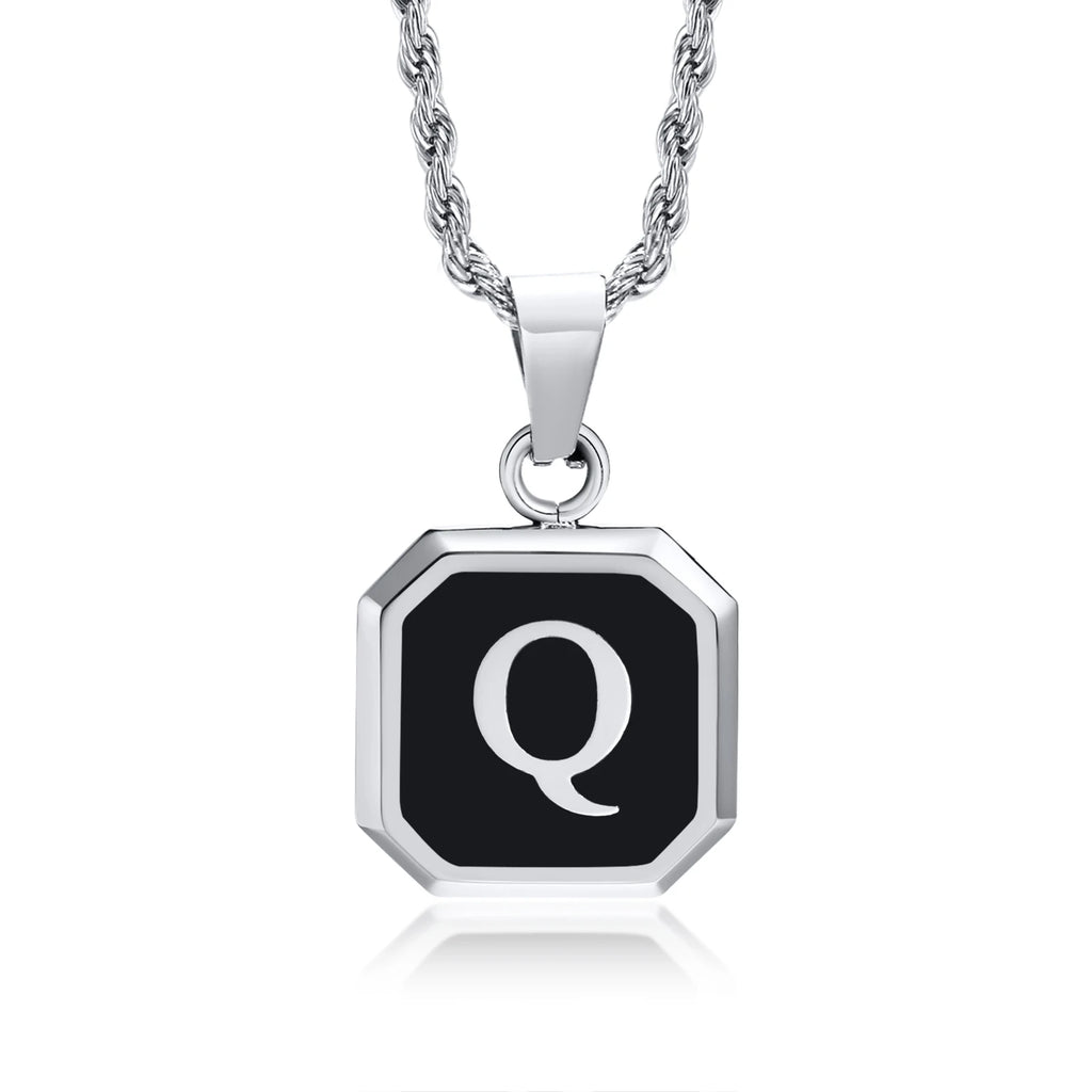 Initials Necklaces for Men Women,A-Z 26 Letters Black Square Stainless Steel Pendant Collar,45-60CM Twisted Rope Chain