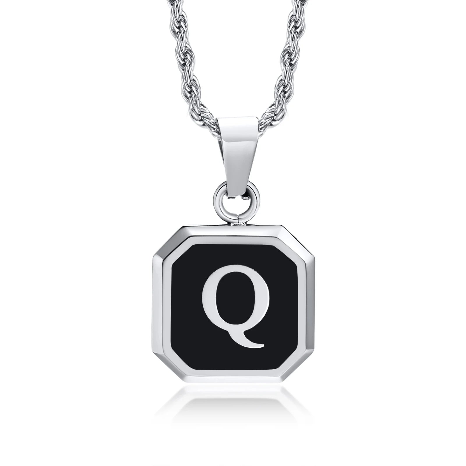 Initials Necklaces for Men Women,A-Z 26 Letters Black Square Stainless Steel Pendant Collar,45-60CM Twisted Rope Chain