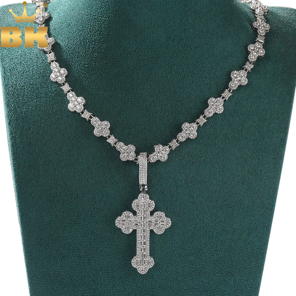 THE BLING KING Iced Out Cross Star Link Chain Baguettecz Cubic Zirconia Cross Pendant Necklace Charm Fashion Hiphop Jewelry