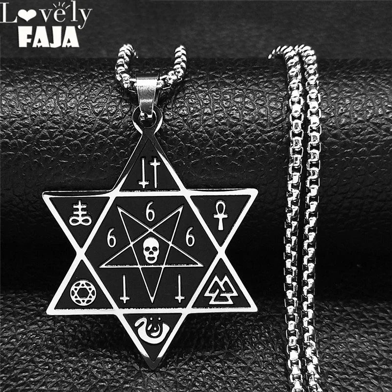 666 Skull Hexagram Pendant — Silver