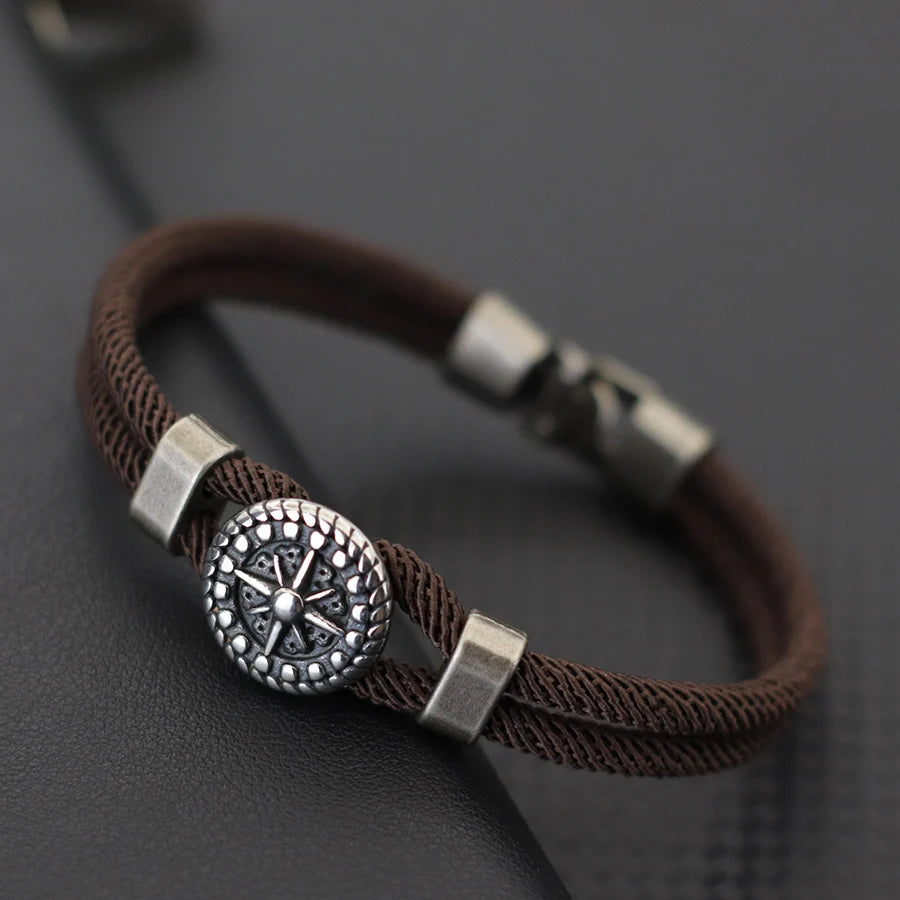 Retro Compass Bracelet For Men Grade A 4mm Marine String Nautical Wrap Braslet Outdoor Sports Hiphop Rock Bangle
