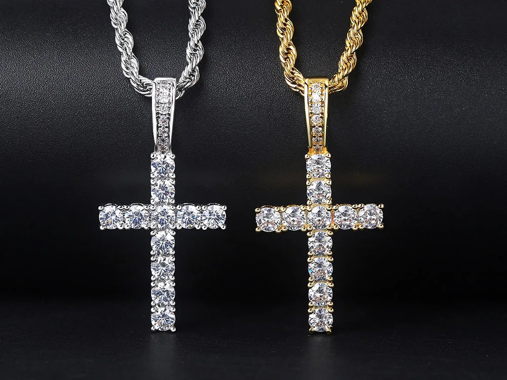 Gold Iced Out Cross Pendant Rope Cuban Chain