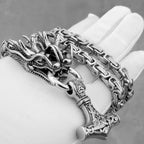 Stainless Steel Viking Dragon Head Necklace Men's Domineering Thick Chain Thor's Hammer Pendant Jewelry Biker Party