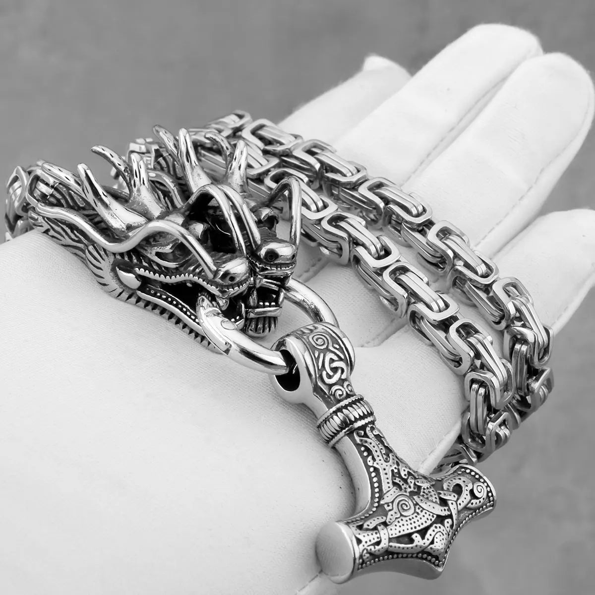 Stainless Steel Viking Dragon Head Necklace Men's Domineering Thick Chain Thor's Hammer Pendant Jewelry Biker Party