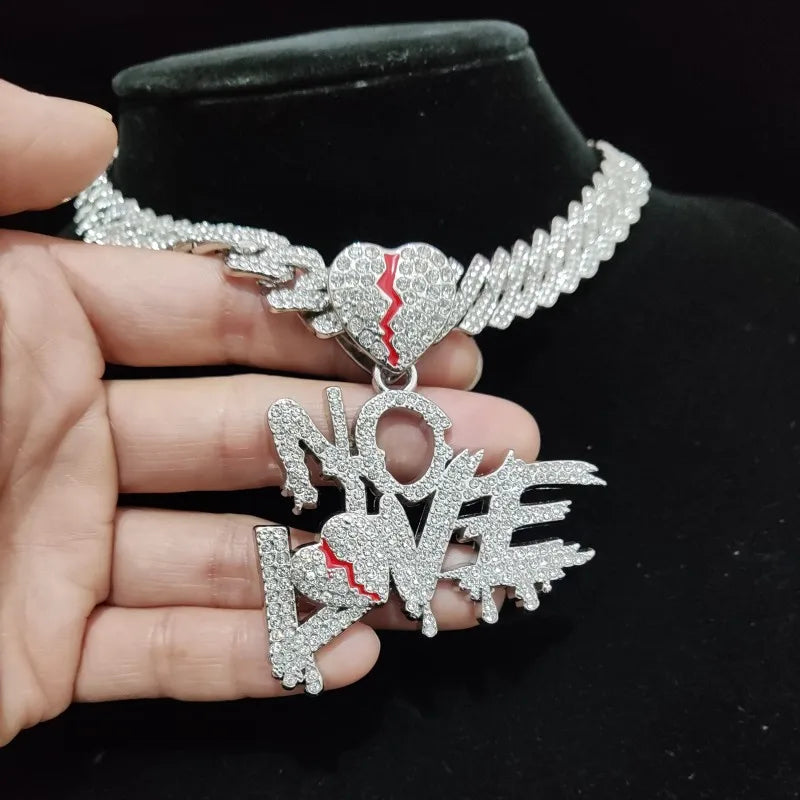 Men Women Hip Hop No Love Heart Pendant Necklace with 14mm Cuban Chain HipHop Iced Out Bling Hiphop Necklaces Fashion