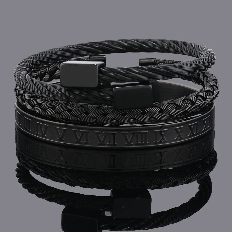 3pcs Luxury Stainless Steel Man Bracelet Set Roman Number Bangles Women Jewelry Couple Gift