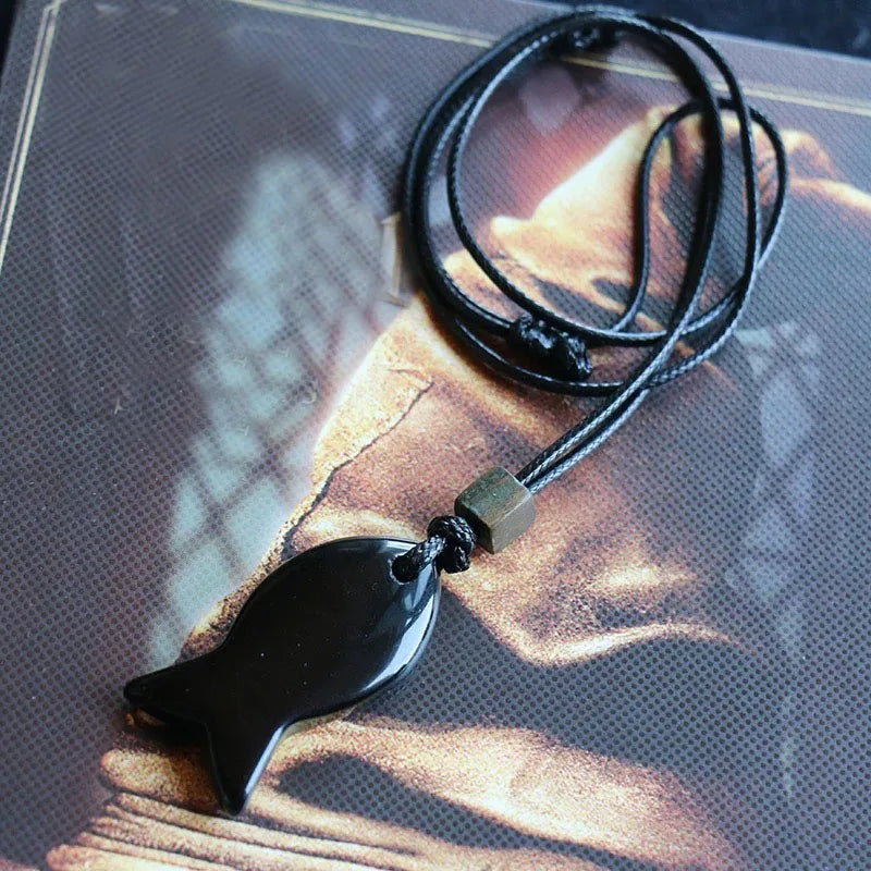 Vintage Natural Black Obsidian Fish‑Shaped Pendant Necklace for Men, Ideal for Fishing Enthusiasts, Valentine’s Day Gift