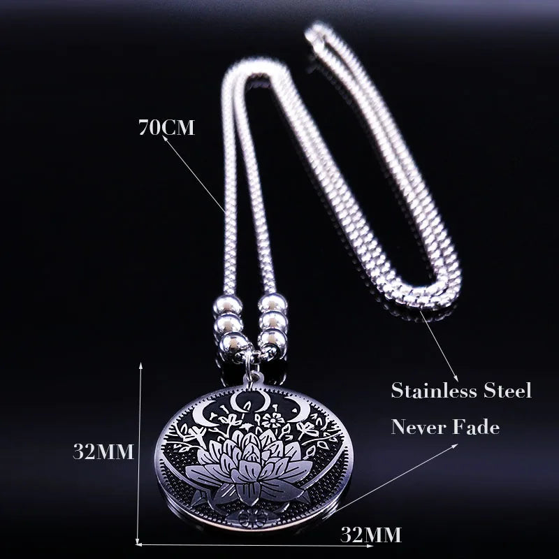 Wicca Lotus Stainless Steel Necklaces Pendants for Men Black Silver Color Moon Eye Long Chain Necklace Jewelry Colgante Hombre