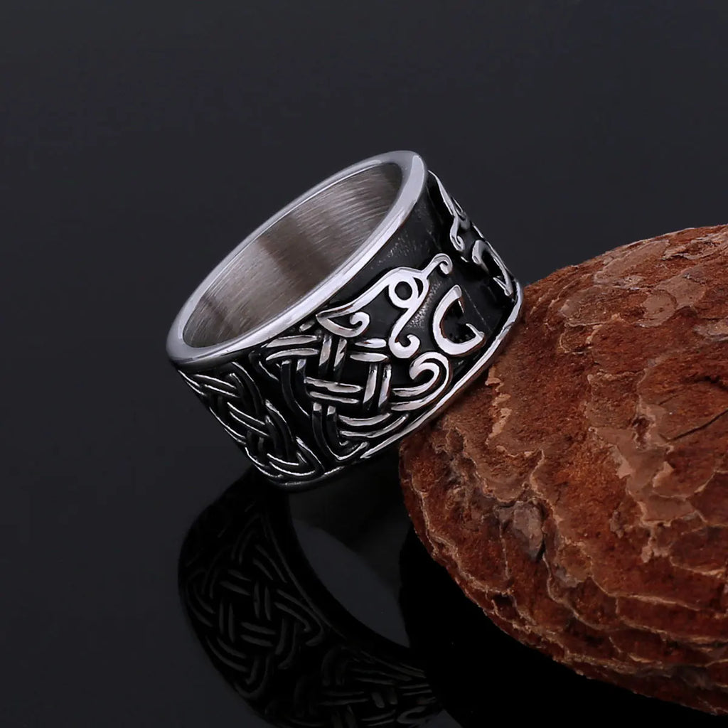 Vikings Stainless Steel Simple Double Wolf Head Ring Scandinavian Celts Knot Symbol Amulet Ring Handmade Punk Hip Hop Jewelry