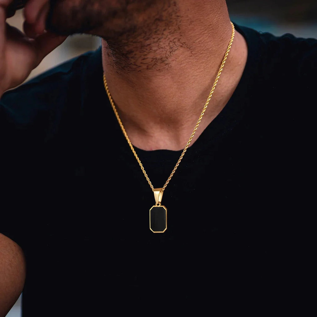 Black Enamel Rectangle Rope Chain Pendant