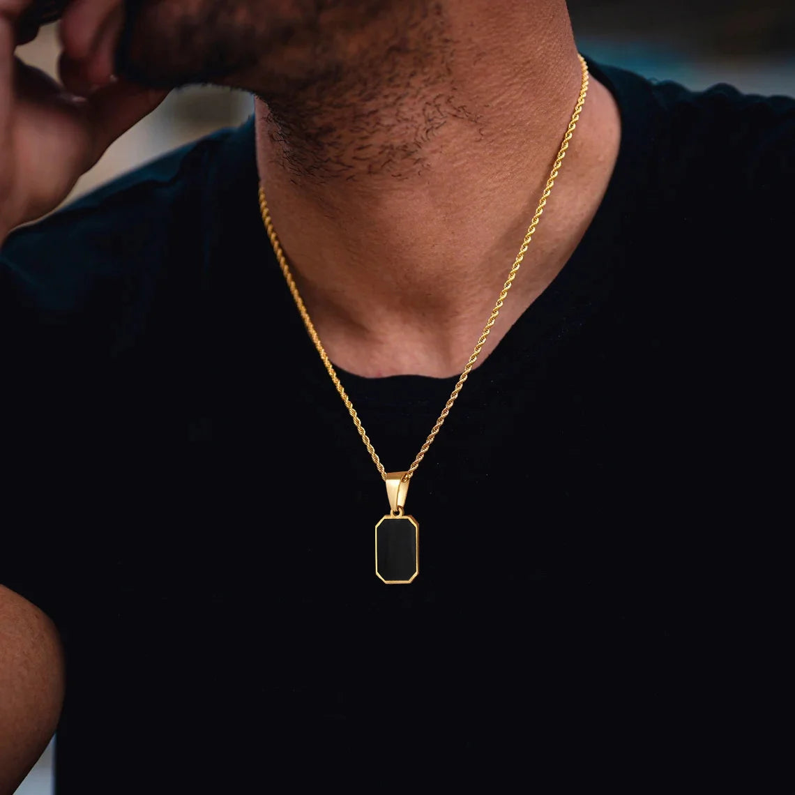 Black Enamel Rectangle Rope Chain Pendant