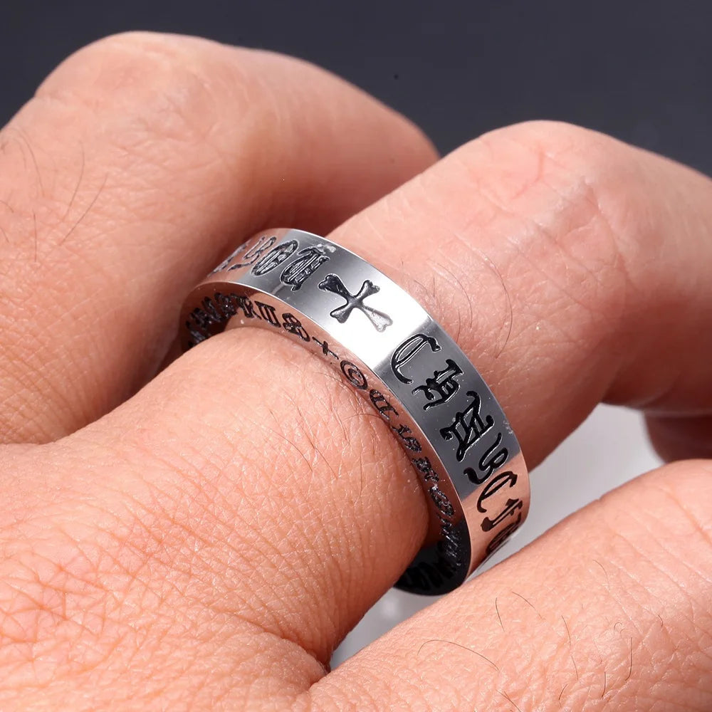 Retro Six-Character Mantra Stainless Steel Finger Ring Men Women Eternal Heart Cross Ring - Vintage Style Jewelry Accessories