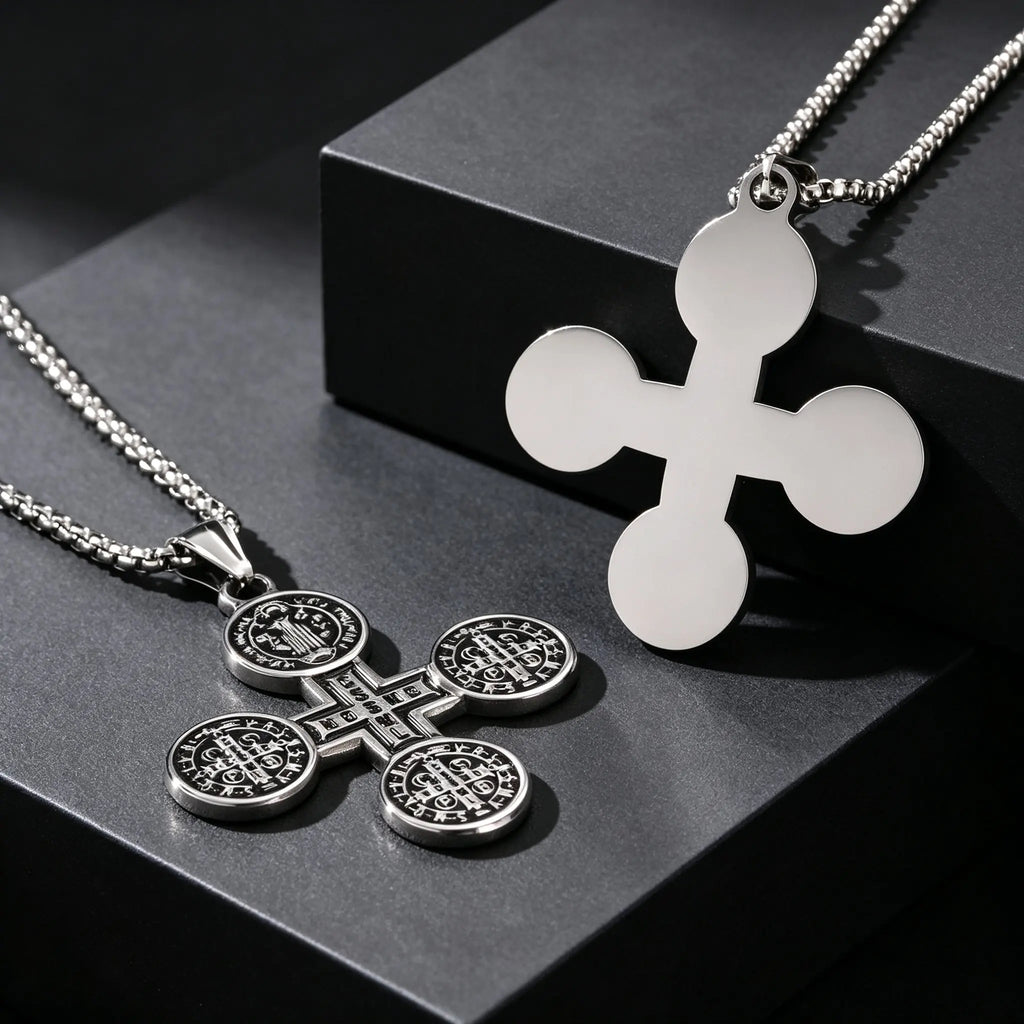Saint Benedict Cross Medal Necklace — Silver, Stainless Steel