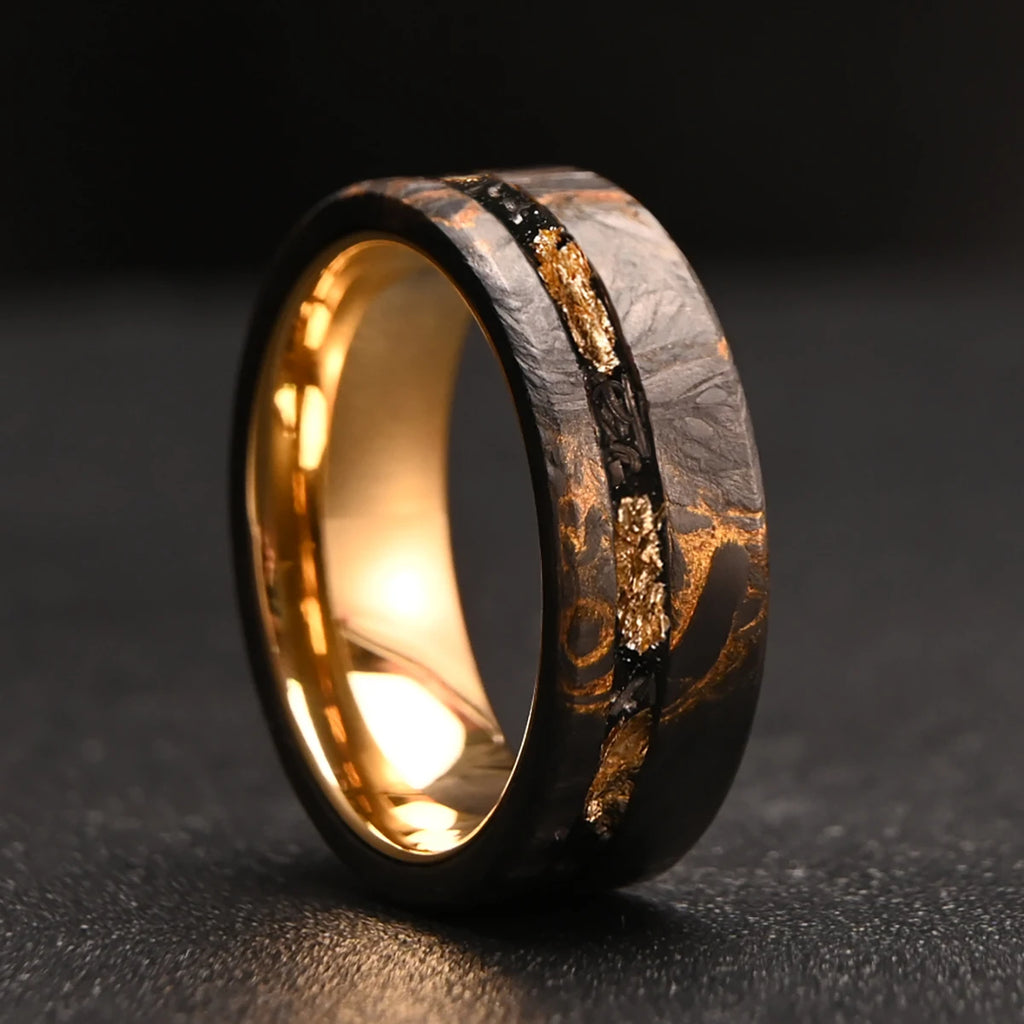 8MM Golden/Red Men's Tungsten Carbide Wedding Bands Fashion Carbon Fiber Ring Luxury Jewelry Inlaid Gold Leaf Meteorite Comfort