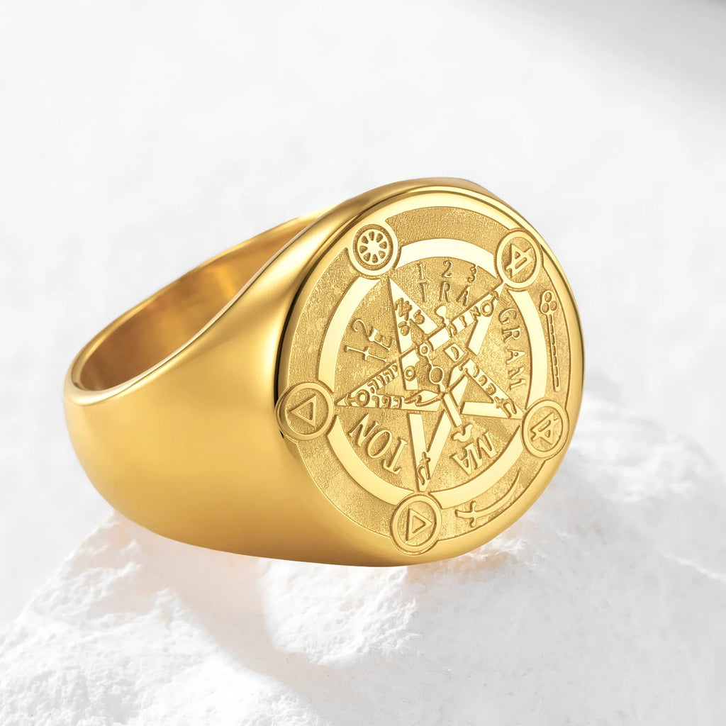 Kkjoy Stainless Steel Solomon Pentagram Magic Rune Signet Ring Vintage Occult Symbol Band Mens Jewelry Gift For Occult