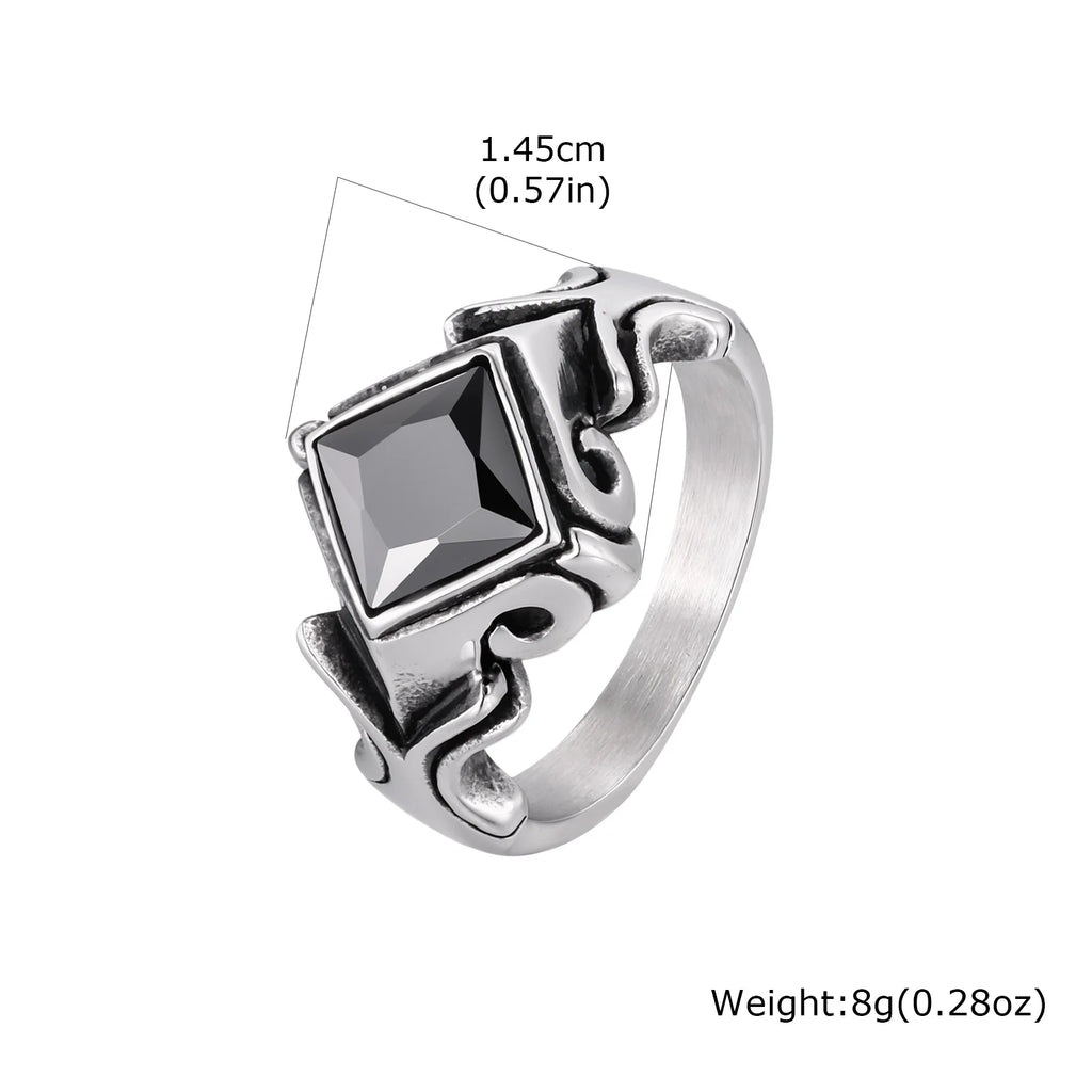 Men's Stylish Square Geometric Black Zircon Ring Stainless Steel Punk Waterproof Finger Jewelry Gift Party Daily Wear Size 7-11