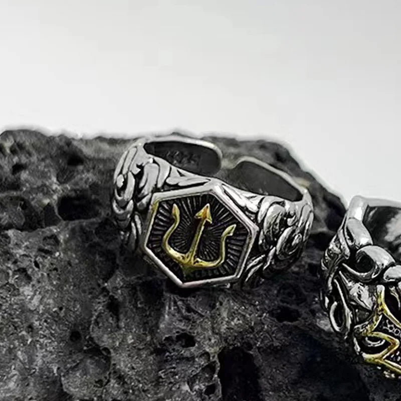 Poseidon Trident Adjustable Open Ring — Gold-Tone