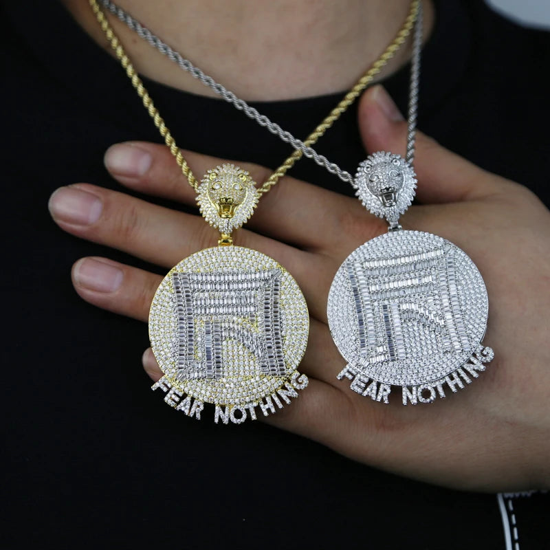 Iced Out Fear Nothing Lion Pendant — Two-Tone