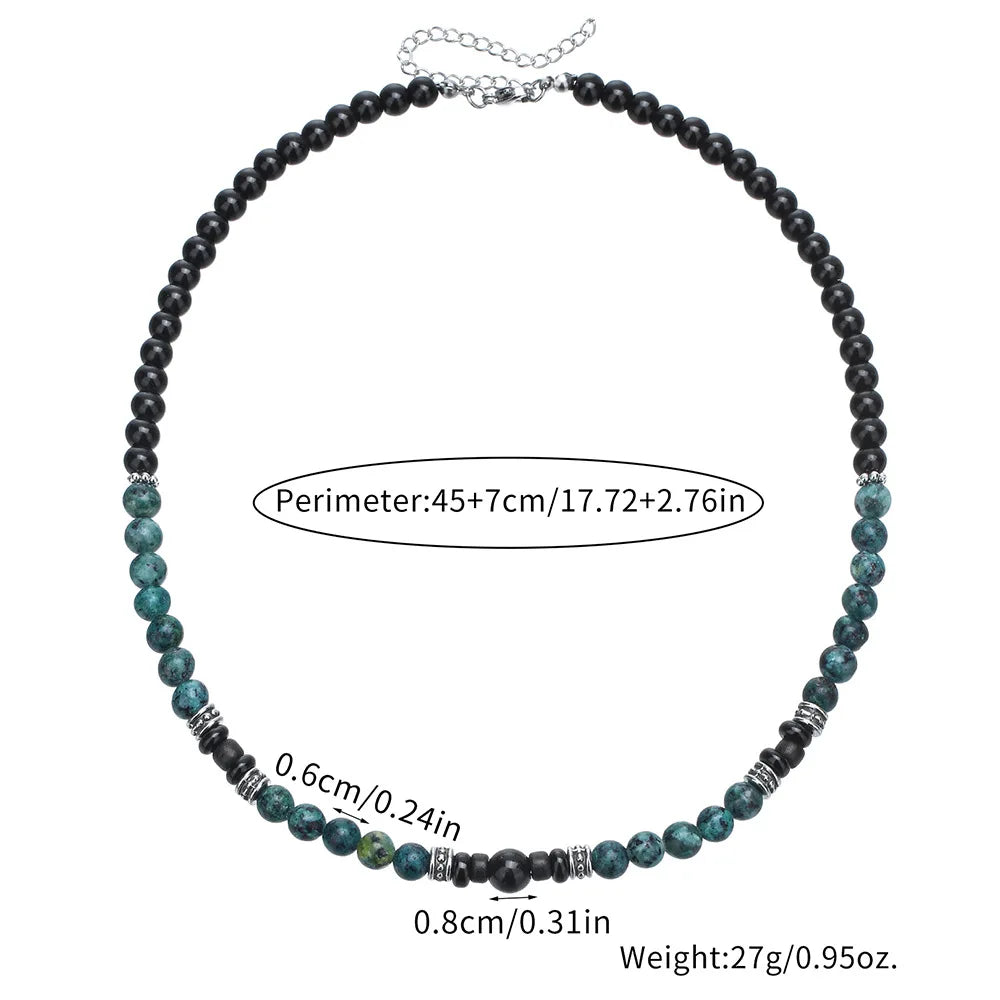 1PC INGX Man's Retro Ethnic Style Natural Flash Stone Necklace for Men Black Beaded Surfer Necklace Man Jewelry Collar Hombre