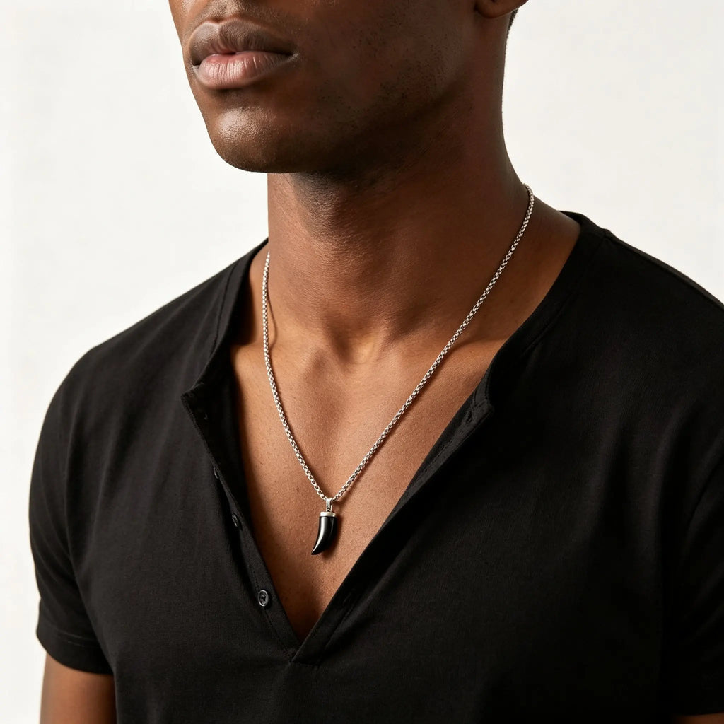 Stylish Natural Stone Horn Necklace for Men,Stainless Steel Black Agate Tiger Eye Stone Pendant Necklace,Healing Amulet Jewelry