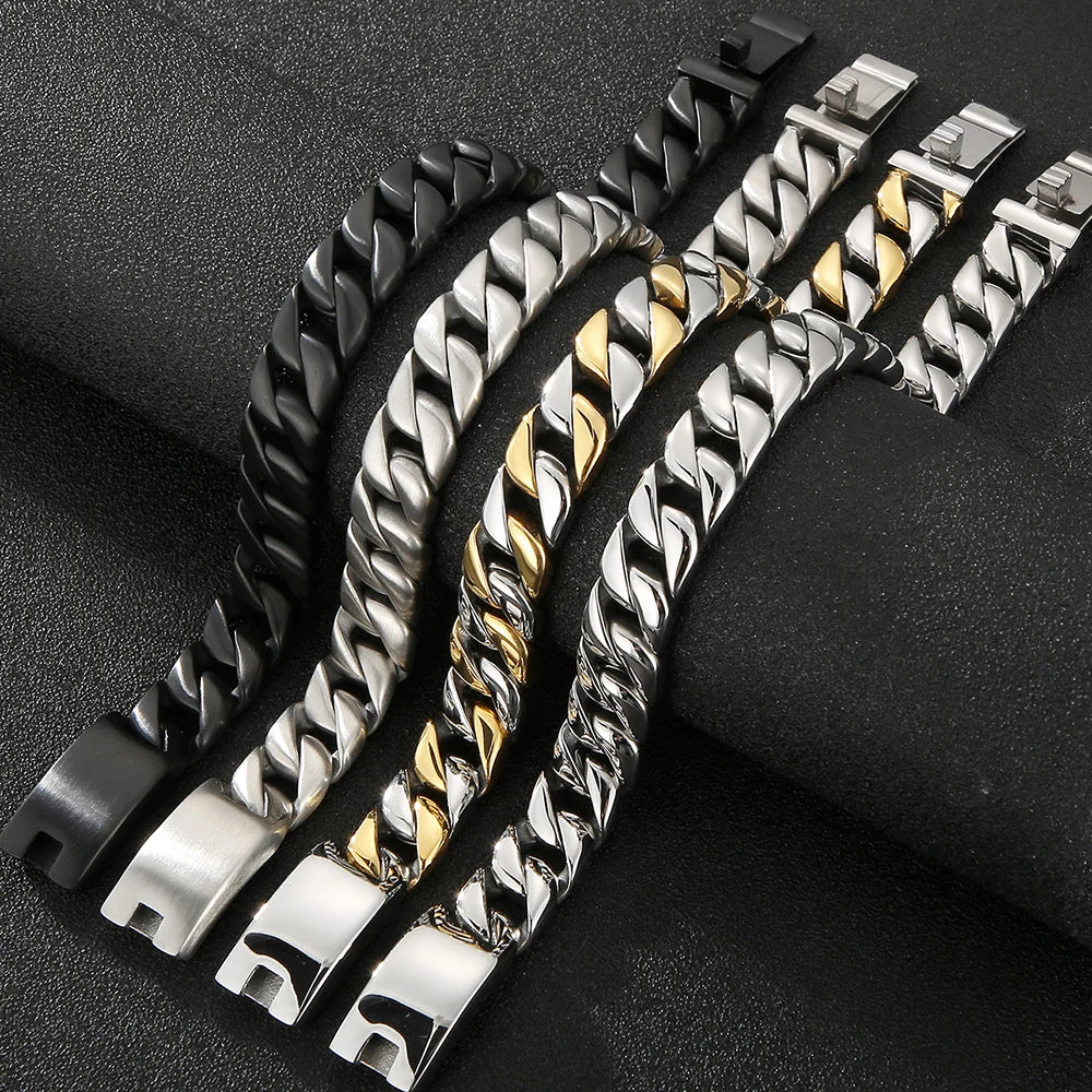 Man Bracelet Homme 12MM Wide Stainless Steel Curb Chain Charm Bracelets On Hand Bands for Men Vintage Mens Jewellery