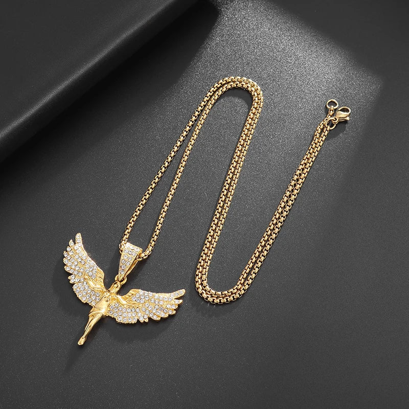 Iced Out Angel Wings Pendant Necklace — Gold