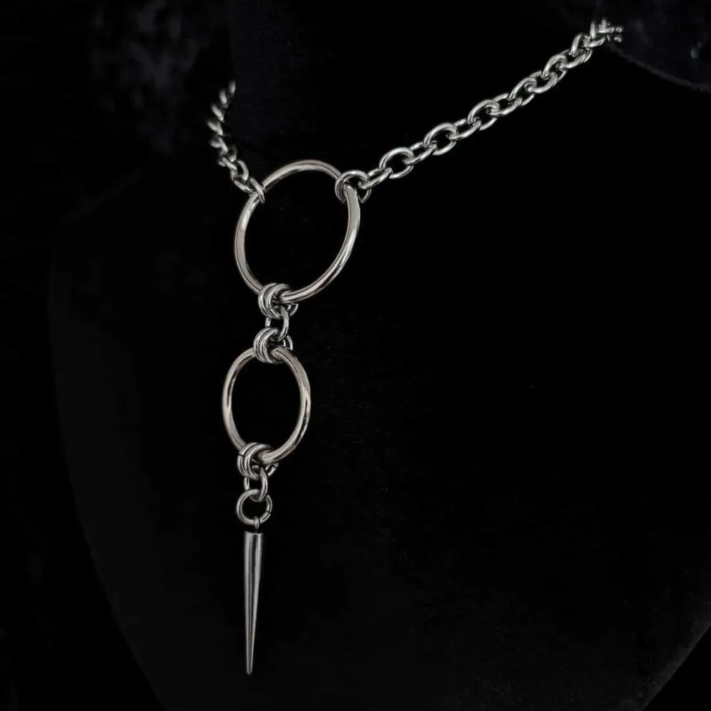 Punk Personality Silver Color Stainless Steel Circular Ring Long Rivet Pendant Choker Necklace for Men Women Jewelry