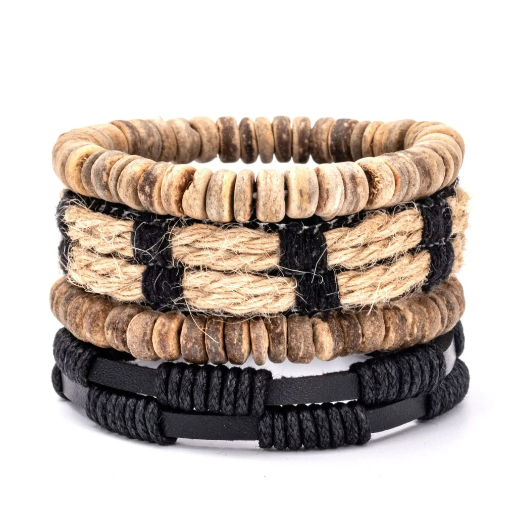 Leaf Pendant Bohemia Leather Bracelets for Men Women Ethnic Braid Rope Hand Woven Bracelet Drawstring Bracelet Beads Jewelry