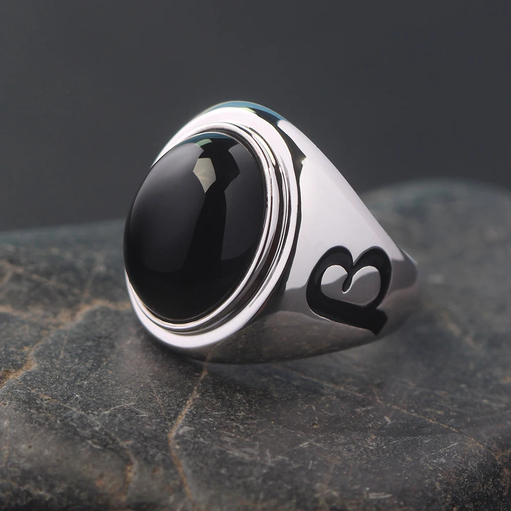 Black Agate Letter Ring — 925 Silver
