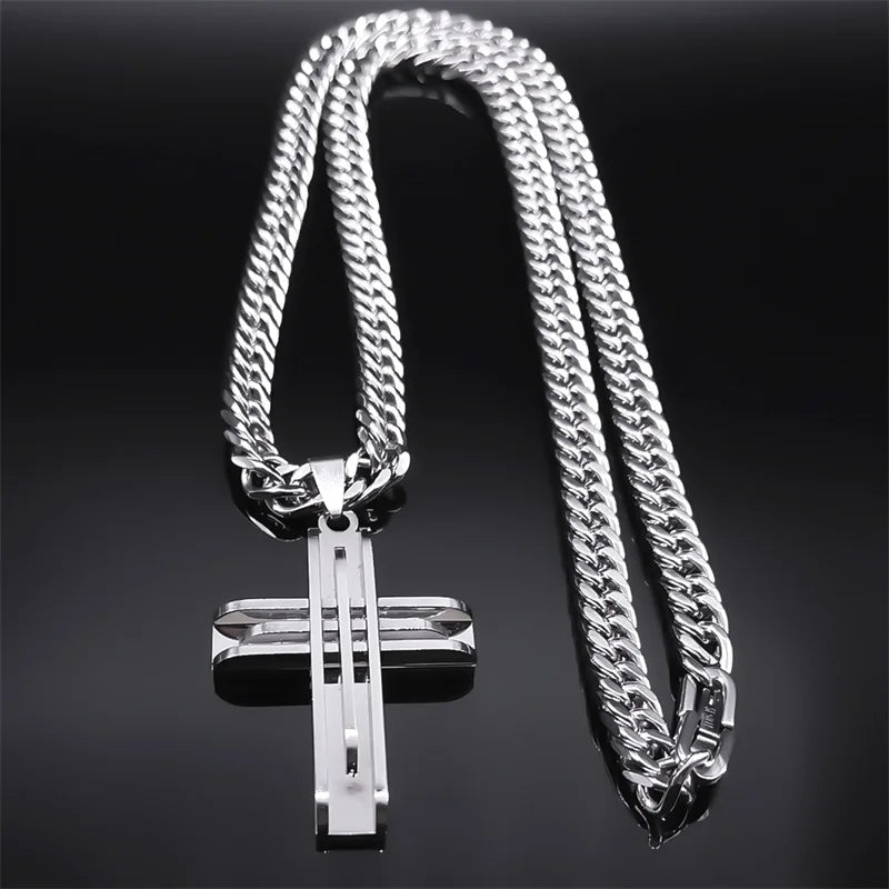Cross Layered Silver Pendant Necklace — Stainless Steel