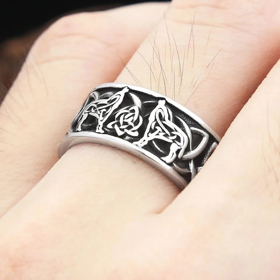 Wolf Odin Steel Ring Vintage Nordic Double Vikings