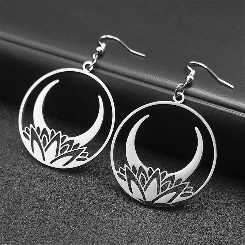 Moon Steel Earrings Gothic Flower Crescent Dangle