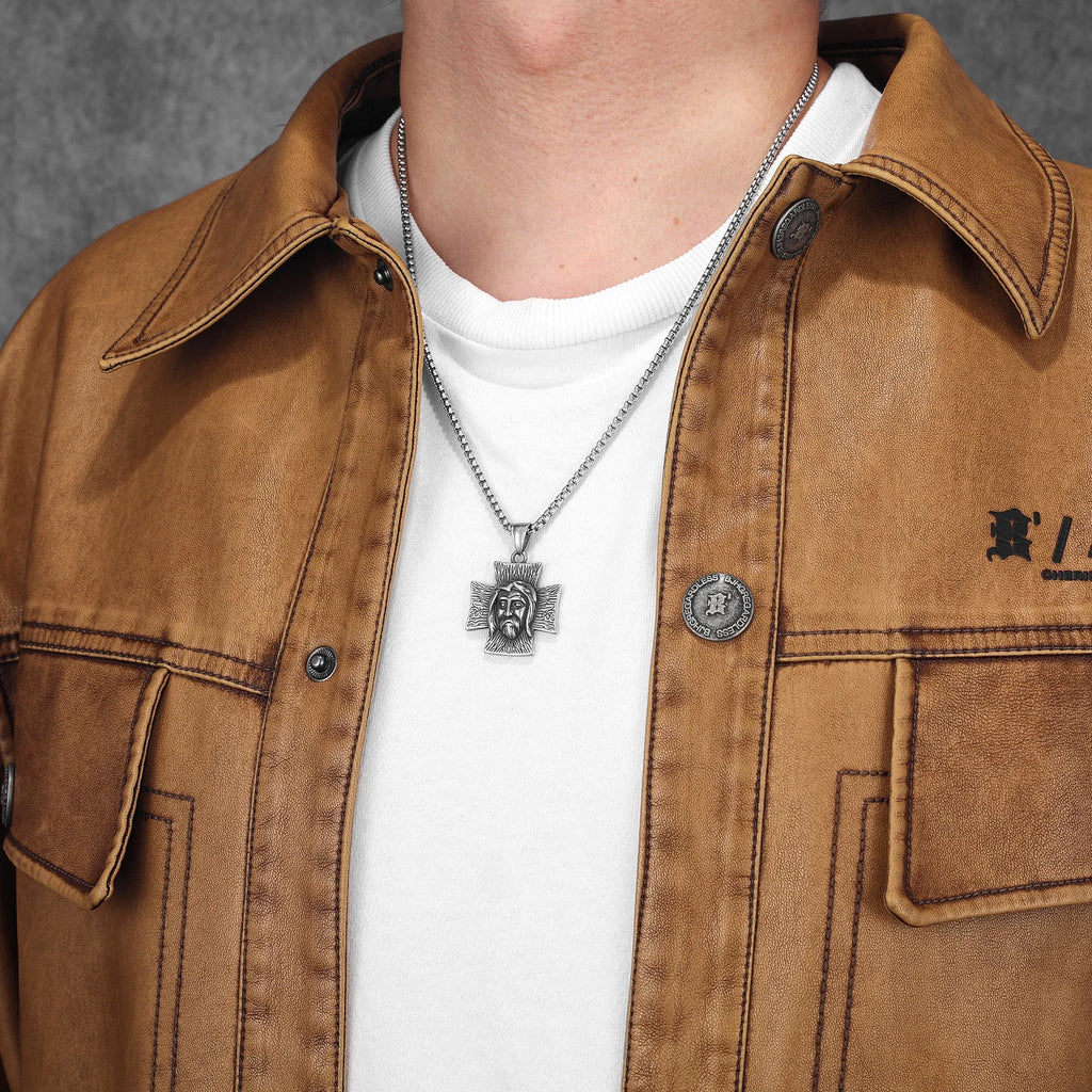 Jesus Face Cross Pendant Necklace for Men — Stainless Steel