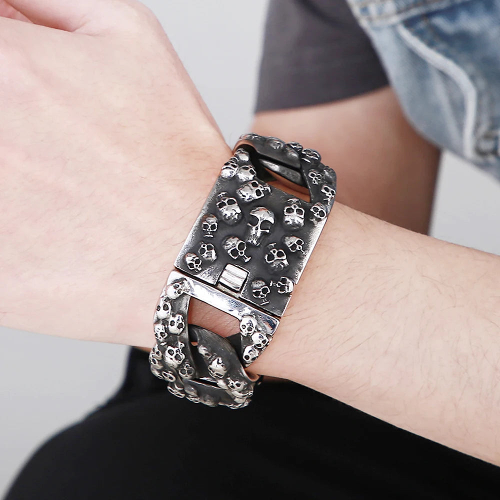 Punk Rock Man Bracelet Stainless Steel Wide Skull Head Link Chain Bracelets for Men Gothic Men's Bikers' Jewelry