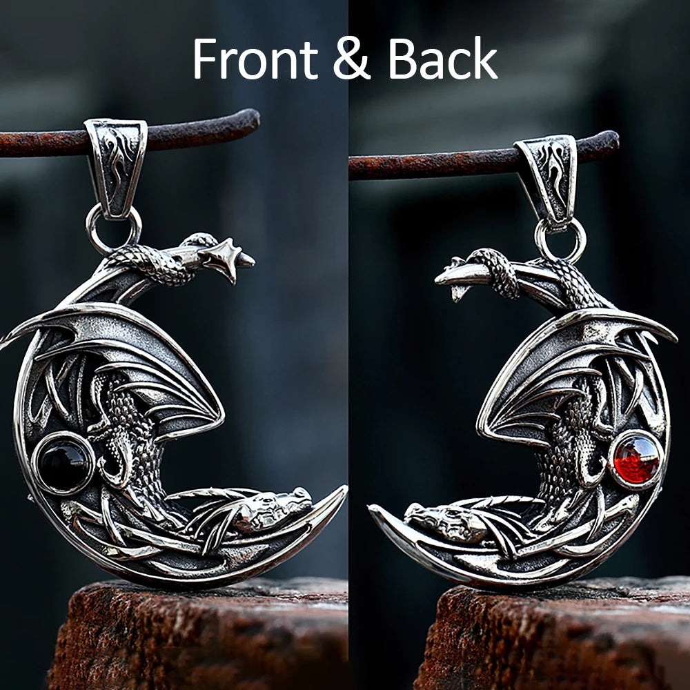Dragon Stone Moon Pendant — Stainless Steel