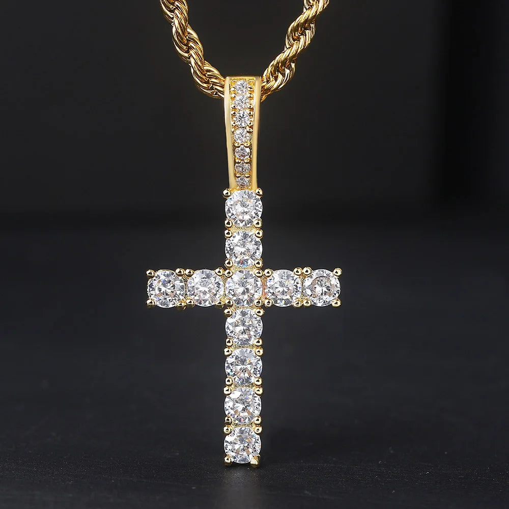 Cross Pendant Rope Chain Necklace Iced Out CZ