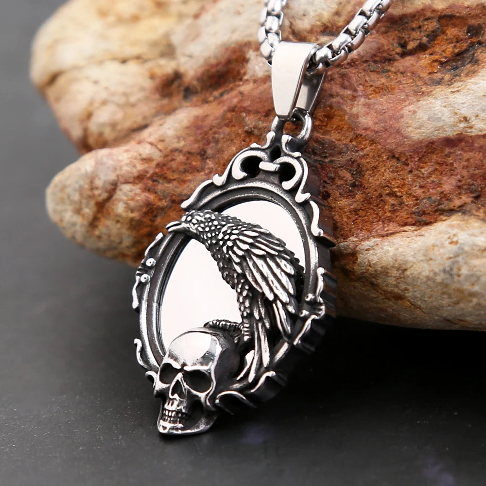 Gothic Crow Skull Stainless Steel Pendant Necklace