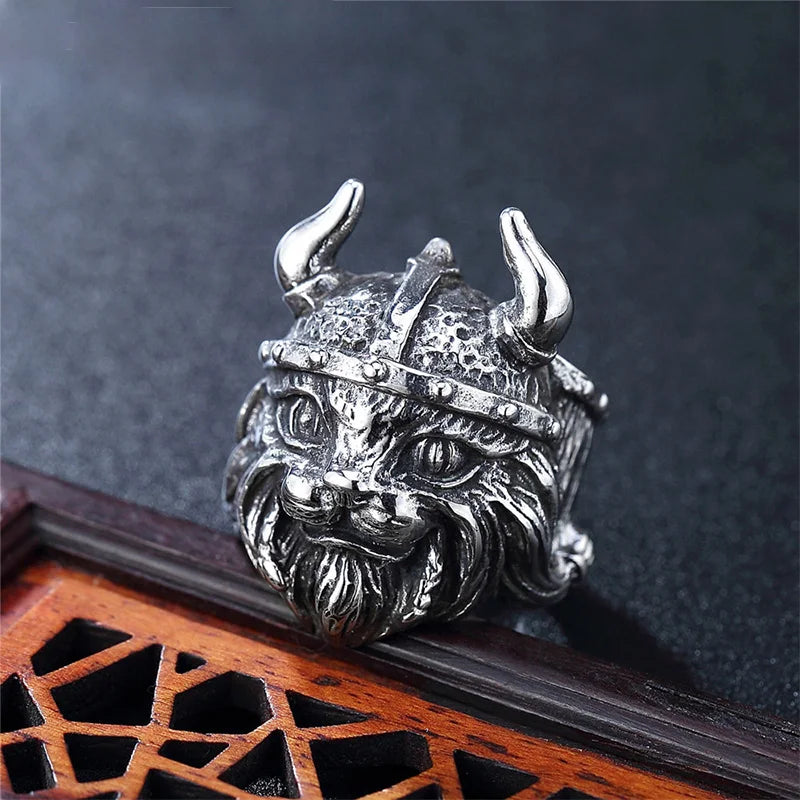 Viking Cat Open Adjustable Ring for Men — Silver-Tone