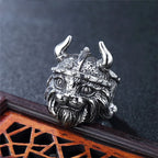 Viking Cat Open Adjustable Ring for Men — Silver-Tone