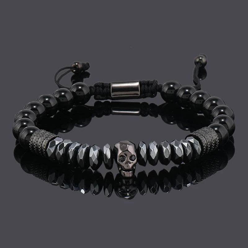 Luxury Black Natural Stone Beads Skull Crown Leopard Head Charms Man Bracelet For Women Hand Jewelry Gift