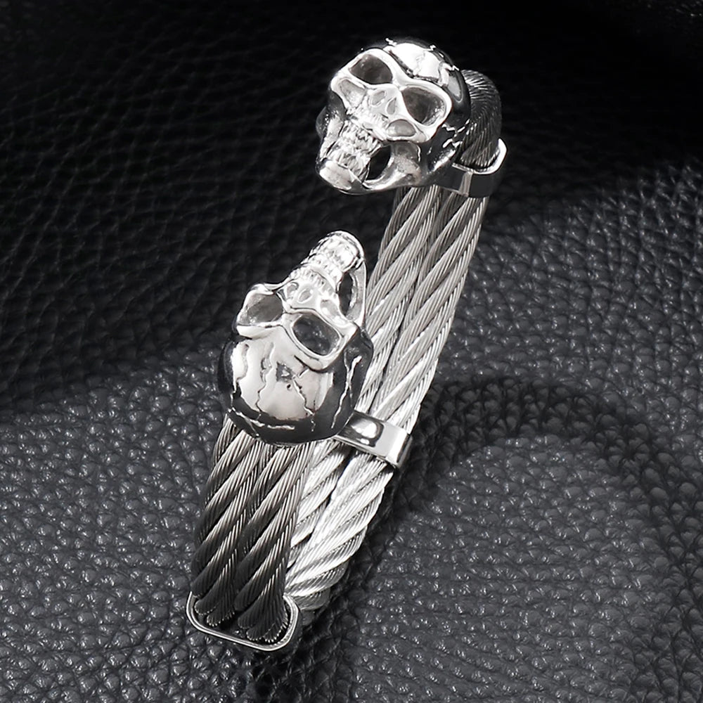 Biker Men's Skull Wristband Heavy 316L Stainless Steel Punk Bracelet Open Bangle Double Gothic Skeleton Head for Rock