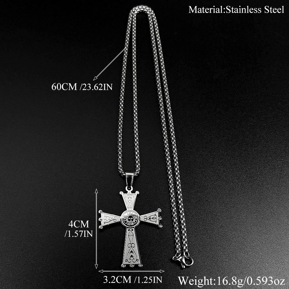 Christian Baroque Style Jesus Cross Pendant Necklace for Women Men Stainless Steel Gold Color Rhinestone Holy Pray