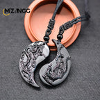 Natural Obsidian Dragon and Phoenix Pendant Personalized Couple Heart-shaped Pendant Men and Women Holiday Gift Necklace