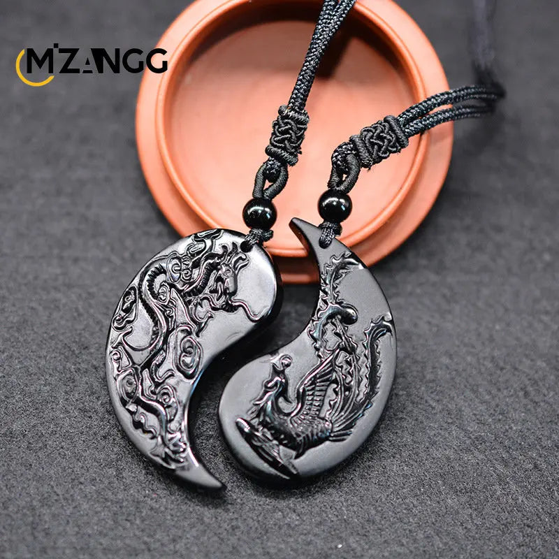 Natural Obsidian Dragon and Phoenix Pendant Personalized Couple Heart-shaped Pendant Men and Women Holiday Gift Necklace